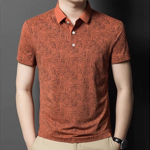 Men's fashion orange brown short sleeve polo shirt with textured geometric patterns