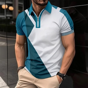 Polo homme ajusté avec motif géométrique bleu et blanc et col à fermeture éclair