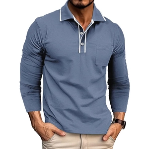 Close-up of men's blue long sleeve polo shirt with white contrast trim and chest pocket