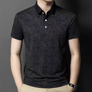Men's short sleeve polo shirt with charcoal geometric pattern and black collar