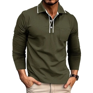 Detail of army green long sleeve polo shirt showing contrast trim and chest pocket