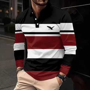 Close-up of the striped long sleeve polo shirt with classic collar and eagle logo embroidery