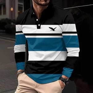 Detailed close-up of striped long-sleeve polo shirt with eagle silhouette print on chest