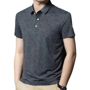 Men's dark grey short-sleeved Polo shirt with wood-grain pattern on white background