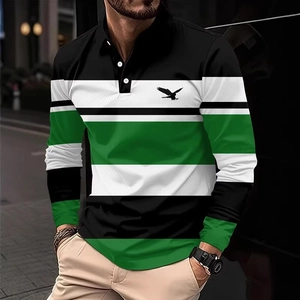 Close-up of men's striped long sleeve polo shirt featuring eagle silhouette and chest detail