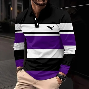 Detailed view of the three-color patchwork long sleeve polo shirt with eagle logo embroidery