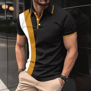 Men's Fashion Casual Color Block Polo Shirt Lapel Short Sleeve Slim Fit Business Sporty Breathable Polyester Top