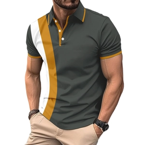 Men's casual slim fit polo shirt with contrast color stripes and grey fabric