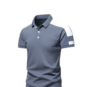 Men's short sleeve Polo shirt with navy blue and white color block design and polo collar