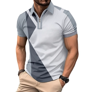 Polo homme slim fit avec col zippé et motif géométrique bicolore gris et blanc