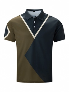 Macro detail of male polo shirt showing geometric splicing, button placket and collar size