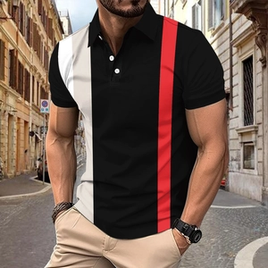 Men's slim fit short sleeve polo shirt with vertical black red and white color blocking