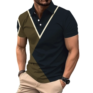 Men's slim-fit short sleeve Polo shirt featuring geometric color-block digital print design