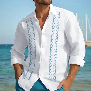 Men's white long sleeve striped Guayabera shirt for summer beach vacation wear