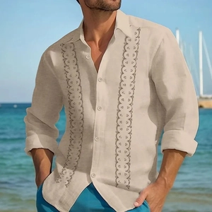Men's relaxed fit long sleeve striped button-down shirt in off-white vacation style