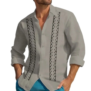 Men's loose striped long-sleeved shirt with black embroidery stripes and cotton texture