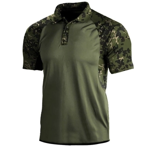 Men's army green polo shirt with camo patchwork and collar zipper detail for outdoor style