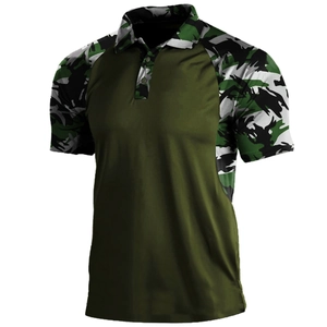 Men's olive green polo shirt with camouflage print collar and short sleeves slim fit