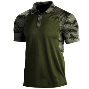 Men's olive green tactical polo shirt featuring pixelated camouflage sleeves and collar