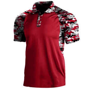 Men's red polo shirt with camo print on collar and sleeves in a slim fit athletic style