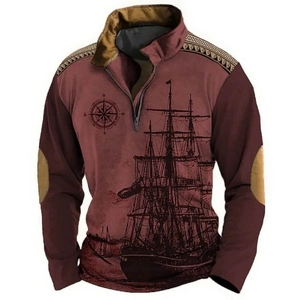 Detail of nautical ship and compass print on wine red half-zip vintage sweatshirt