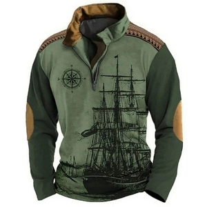 Detailed view of military green quarter-zip pullover with nautical sailing ship graphic