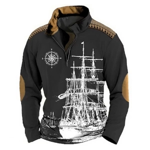 Men's retro 3D nautical sailboat print quarter-zip long sleeve pullover with stand collar