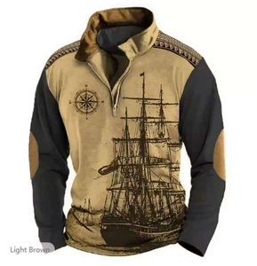 Detail of 1/4 zip collar and vintage nautical sail boat print on khaki men's sweatshirt