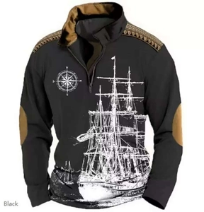Detailed view of nautical 3D print with vintage sailing ship and compass on male polo shirt