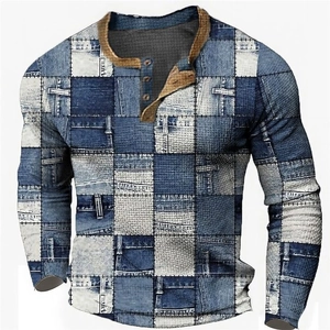 Langarm-Henley-Shirt für Herren mit digitalem Denim-Patchwork-Druck und Knopfleiste