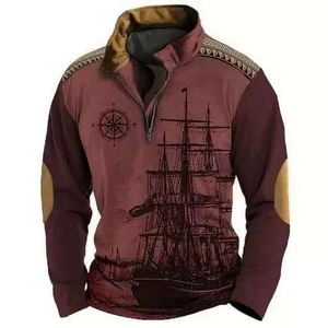 Detail of vintage nautical 3D print sailing ship and compass on men's zip pullover