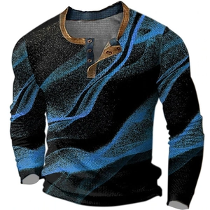 Herren Vintage Geometrisch Bedrucktes Langarm Henley Hemd Polyester Button Down Polo Shirt Lässiges Modisches Tägliches Top