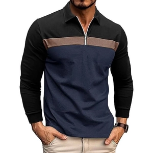 Close-up of the metal zipper neck and textured tricolor knit fabric on this men's polo