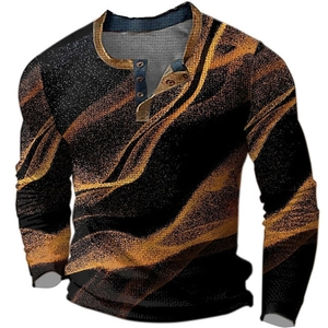 Langärmeliges Henley-Shirt für Herren mit schwarzer Basis und goldfarbenem Marmordruck