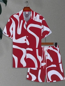 Detail of red and white abstract ripple print shirt with classic button-up collar