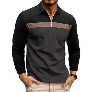 Detail of nautical 3D print long sleeve polo with zipper collar and color blocking