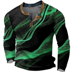 Langärmliges Herren-Henley-Shirt mit grünem Digitaldruck und geknöpftem Ausschnitt