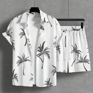 Summer men's Hawaiian 2-piece set with black coconut tree silhouette print on white fabric