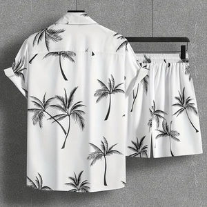 Men's summer Hawaiian beach set with black coconut tree print on white shirt and shorts