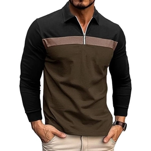 Detail of men's polo with half-zip, three-tone color block and ribbed cuffs
