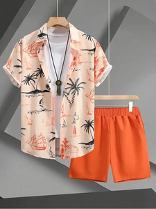 Men's summer casual two-piece set with tropical coconut tree print shirt and orange shorts