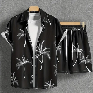 Men's Hawaiian Casual Shirt And Shorts Set 3D Digital Tropical Palm Tree Print Summer Beach Vacation Top And Bottom Outfit