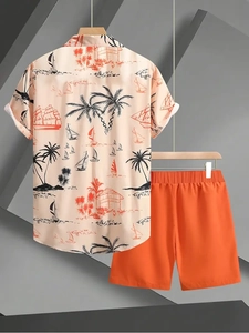 Men's summer short sleeve coconut tree print shirt and shorts casual beach set