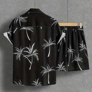 Men's Hawaiian two-piece set with black palm tree print short sleeve shirt and shorts