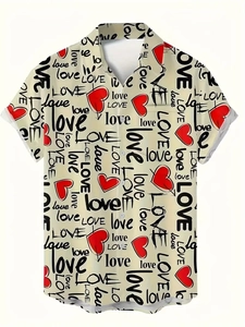 Chemise à Manches Courtes Décontractée pour Homme Imprimé Cœur Rose Romantique de la Saint-Valentin Revers Boutonné Haut d'Été Mode