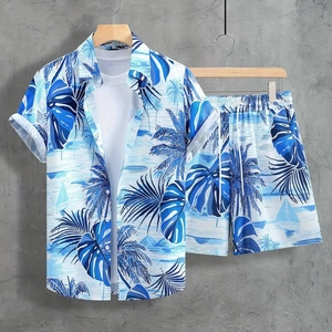 Detail of men's summer Hawaiian set with tropical palm tree and sailboat digital print