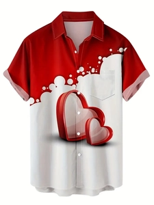 Chemise homme à manches courtes avec imprimé cœur 3D, pois et col à revers décontracté