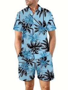 Detail of light blue short sleeve shirt with tropical black palm tree leaf prints