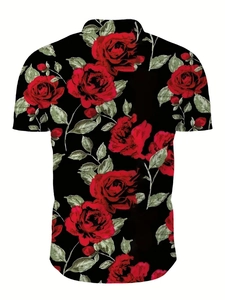Vue arrière d'une chemise homme à manches courtes avec imprimé roses rouges en 3D