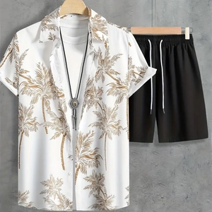 Men's summer Hawaiian set with tropical coconut tree print shirt and casual shorts